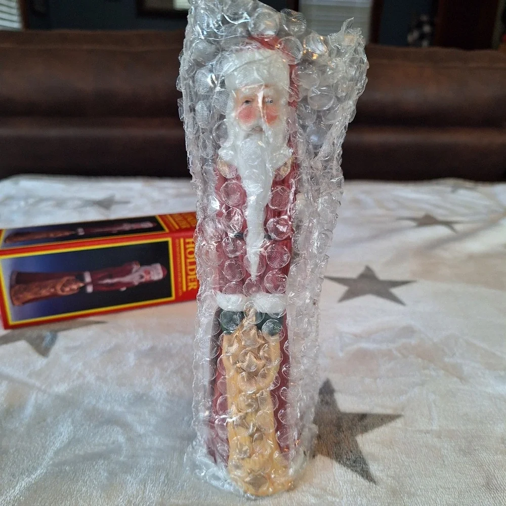 VTG Pencil Thin Santa Candle Holder Hand Painted Very Detailed Stars 8.5